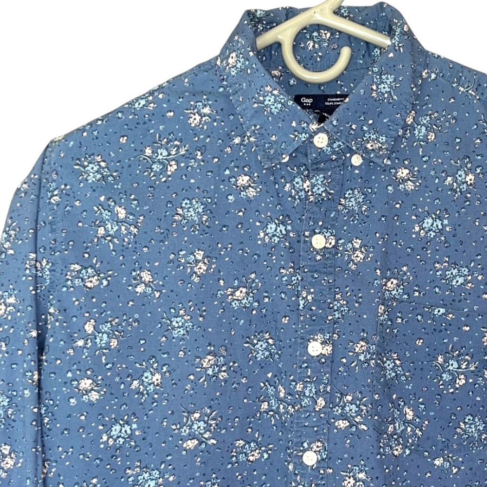 Gap Mens Blue White Light Pink Floral Print Long Sleeve Button Up Dress Shirt M